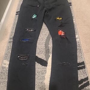 Rue 21 Mens 38x32 Black Distressed Patched Skinny Jeans Supreme Flex